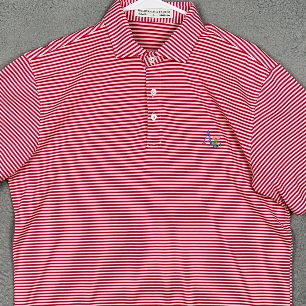 Holderness Bourne Polo Shirt Mens Large Tailored Fit Red White Striped Golf EUC